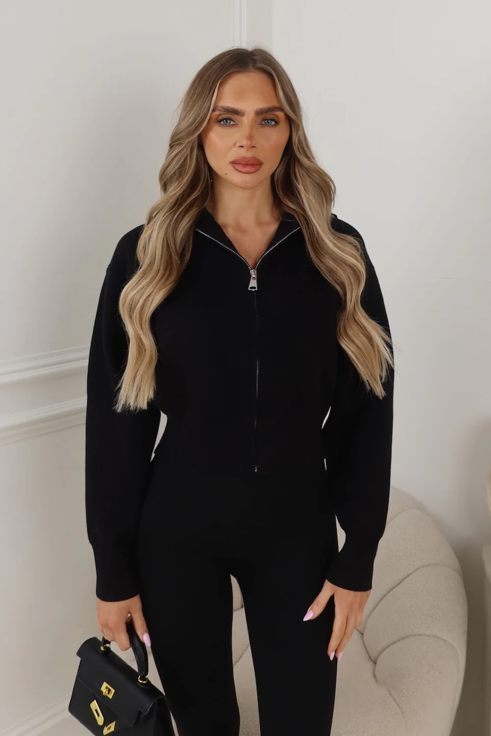MANDY BLACK FULL ZIP RIBBED HIGH NECK CARDIGAN