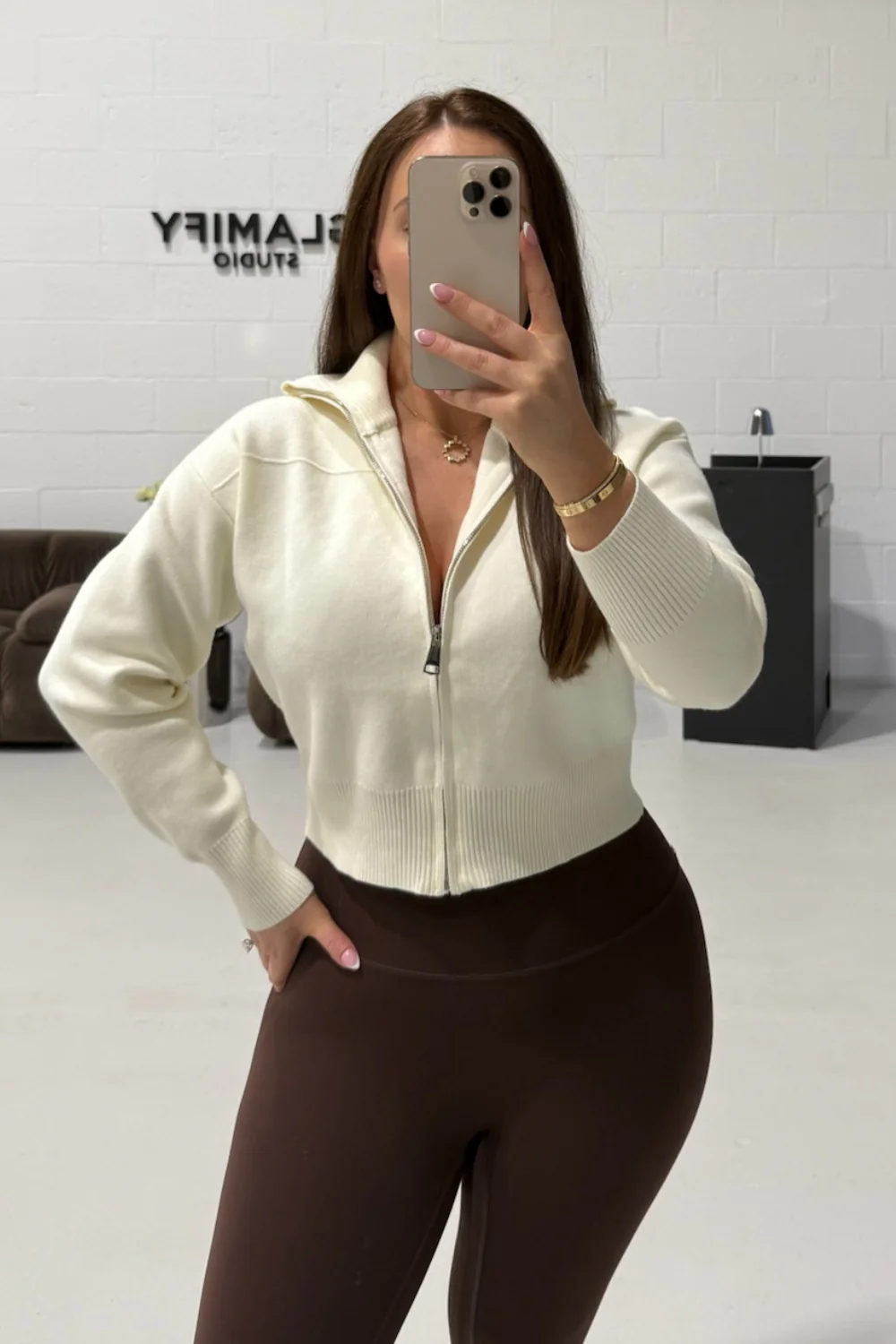 MANDY CREAM FULL ZIP RIBBED HIGH NECK CARDIGAN - Image 3