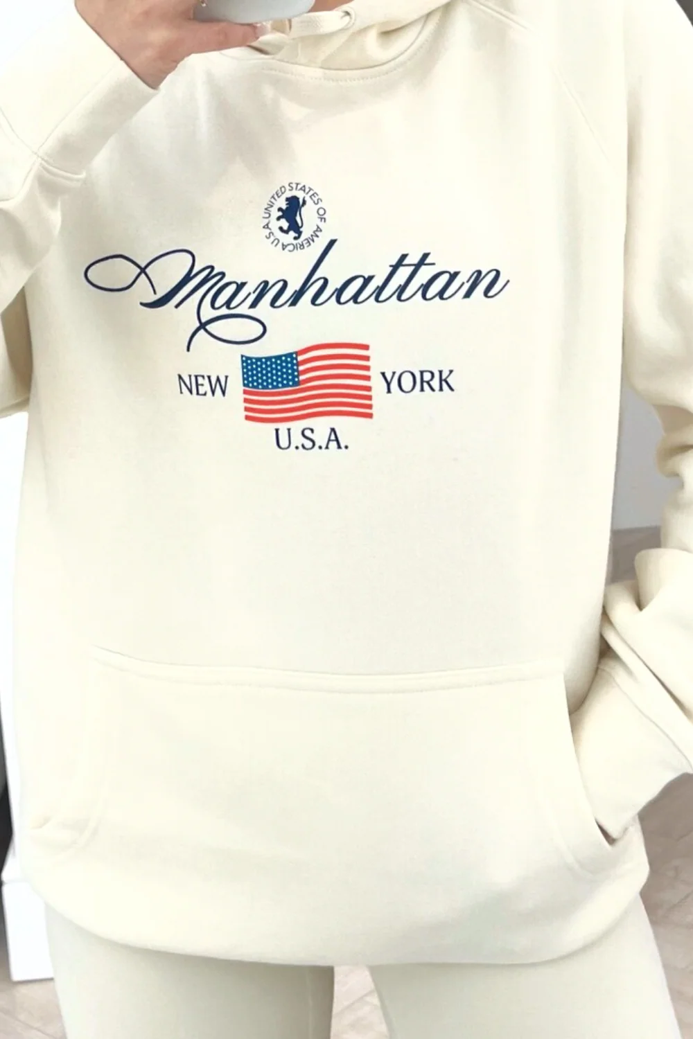 manhattan ecru printed draw string hoodie - Image 2