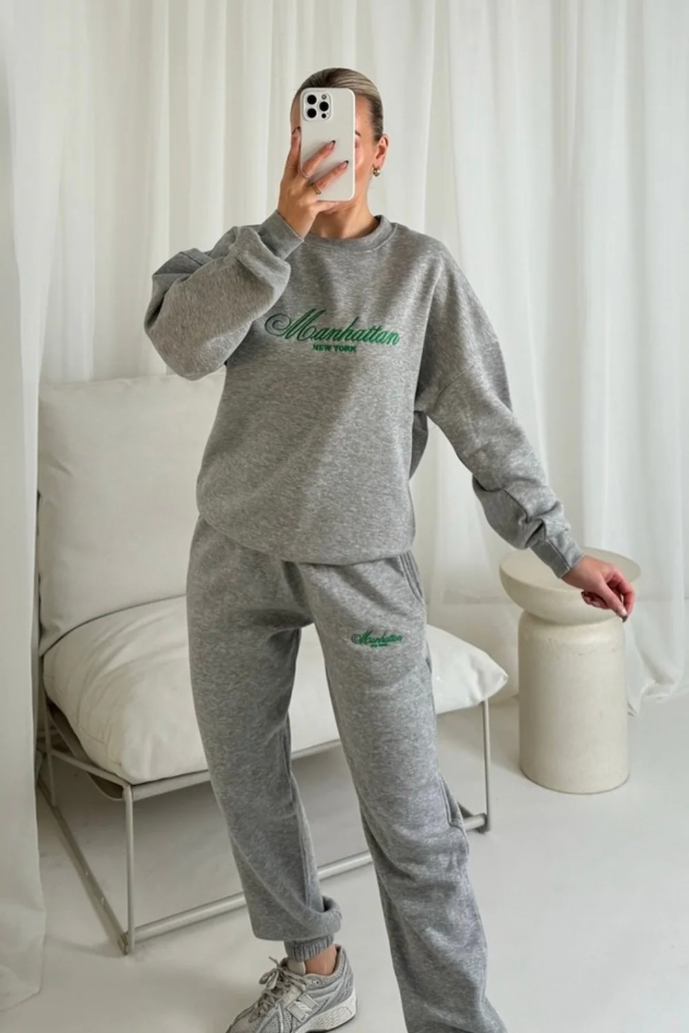 Manhattan marl grey and green embroidered sweater joggers loungewear - Image 3