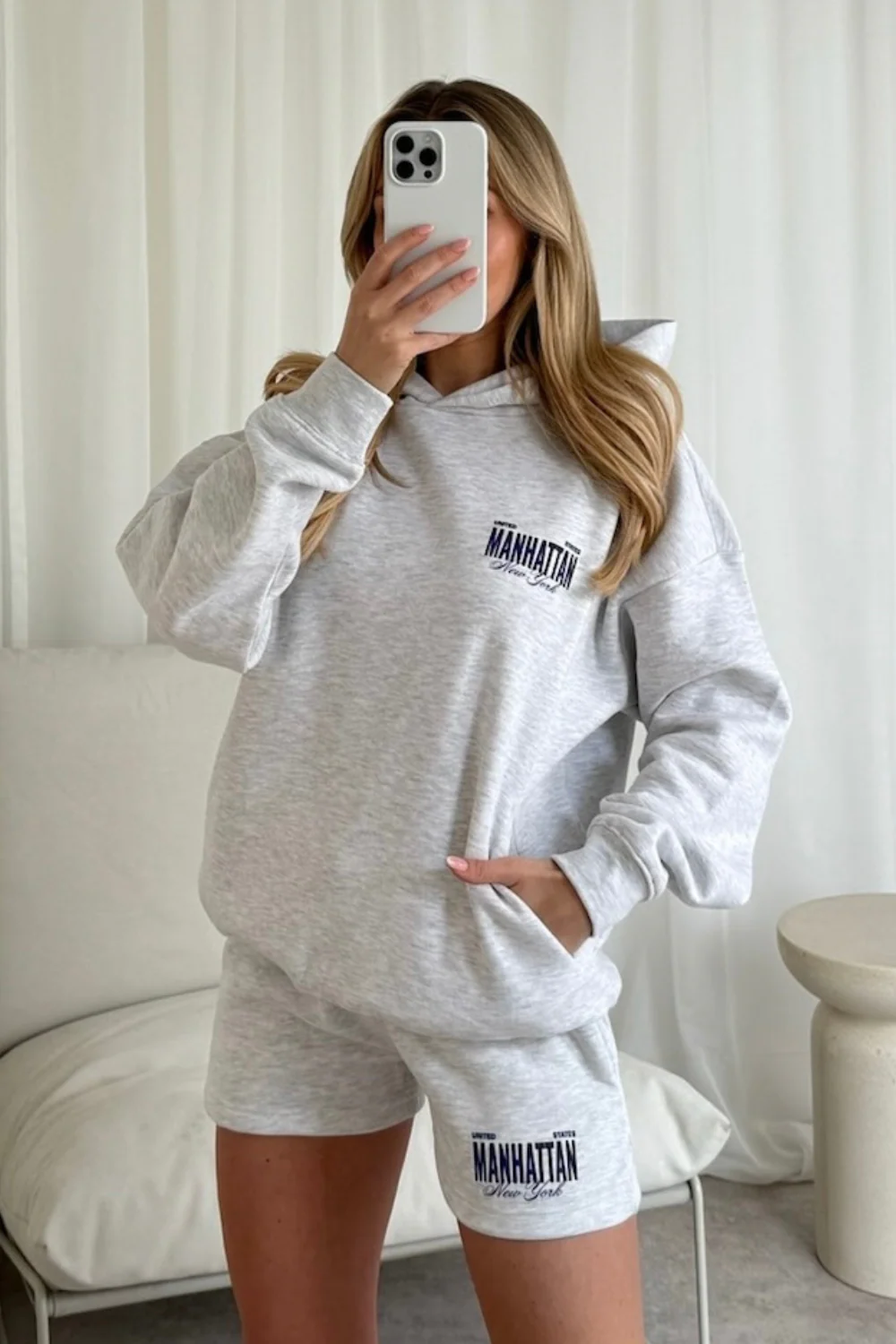 Manhattan marl grey printed hoodie shorts loungewear