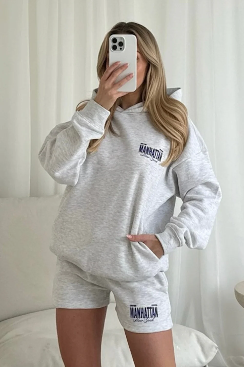 Manhattan marl grey printed hoodie shorts loungewear - Image 2