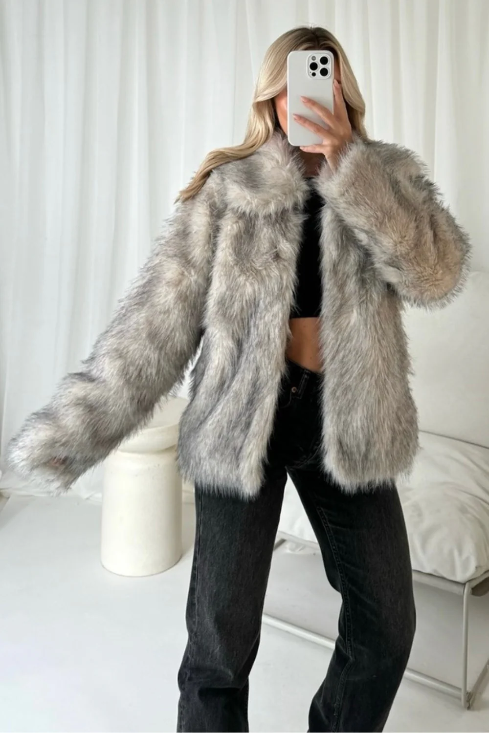 Margo grey & beige two tone faux fur coat - Image 2