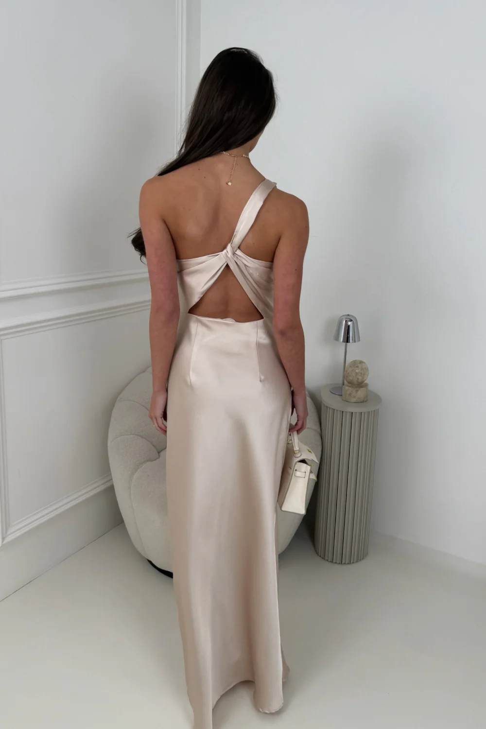 MARIA CREAM LONG SATIN DRESS WIH BACK DETAILING - Image 2