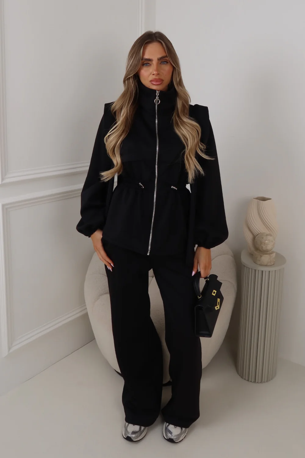 MARIELLE BLACK CINCHED WAISTBAND BOW STRAIGHT LEG LOUNGESET