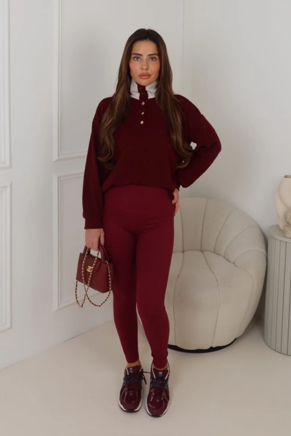 MARRI BURGUNDY SHIMMER GOLD BUTTEN JUMPER - Image 2