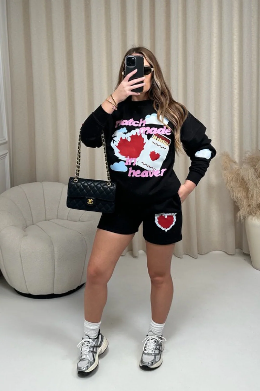 Match made black printed sweater shorts loungewear - Image 2