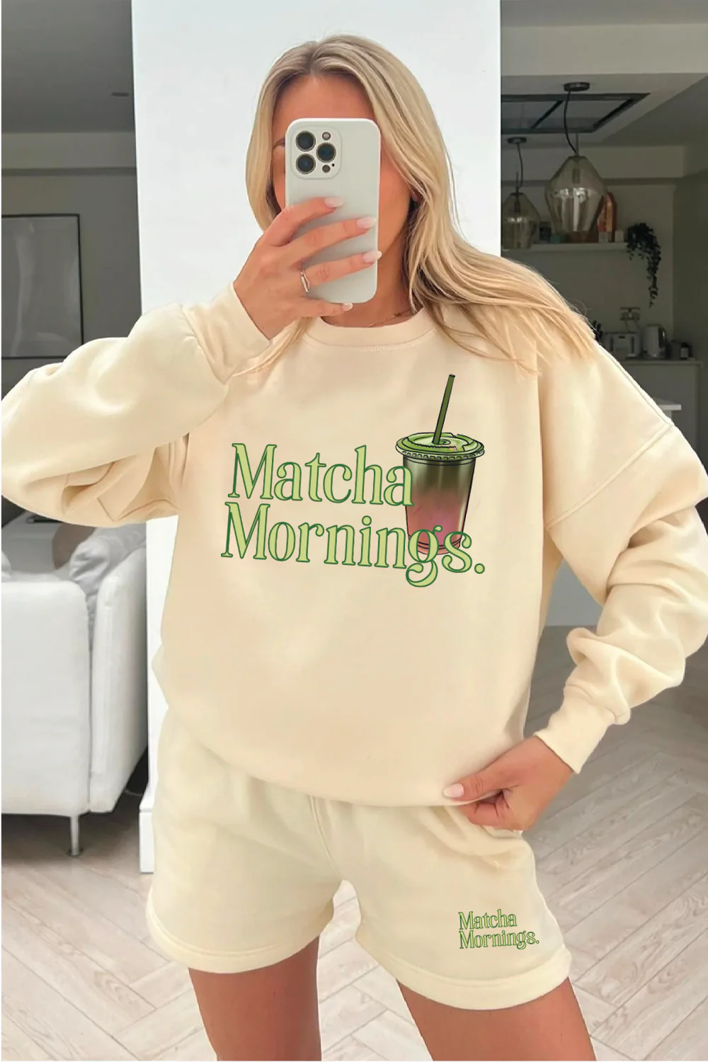 Matcha mornings ecru printed sweater shorts loungewear - Image 2
