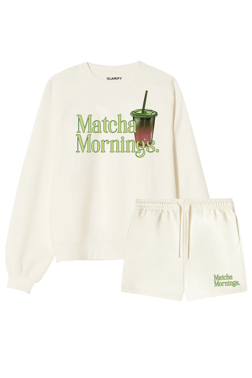 Matcha mornings ecru printed sweater shorts loungewear - Image 3