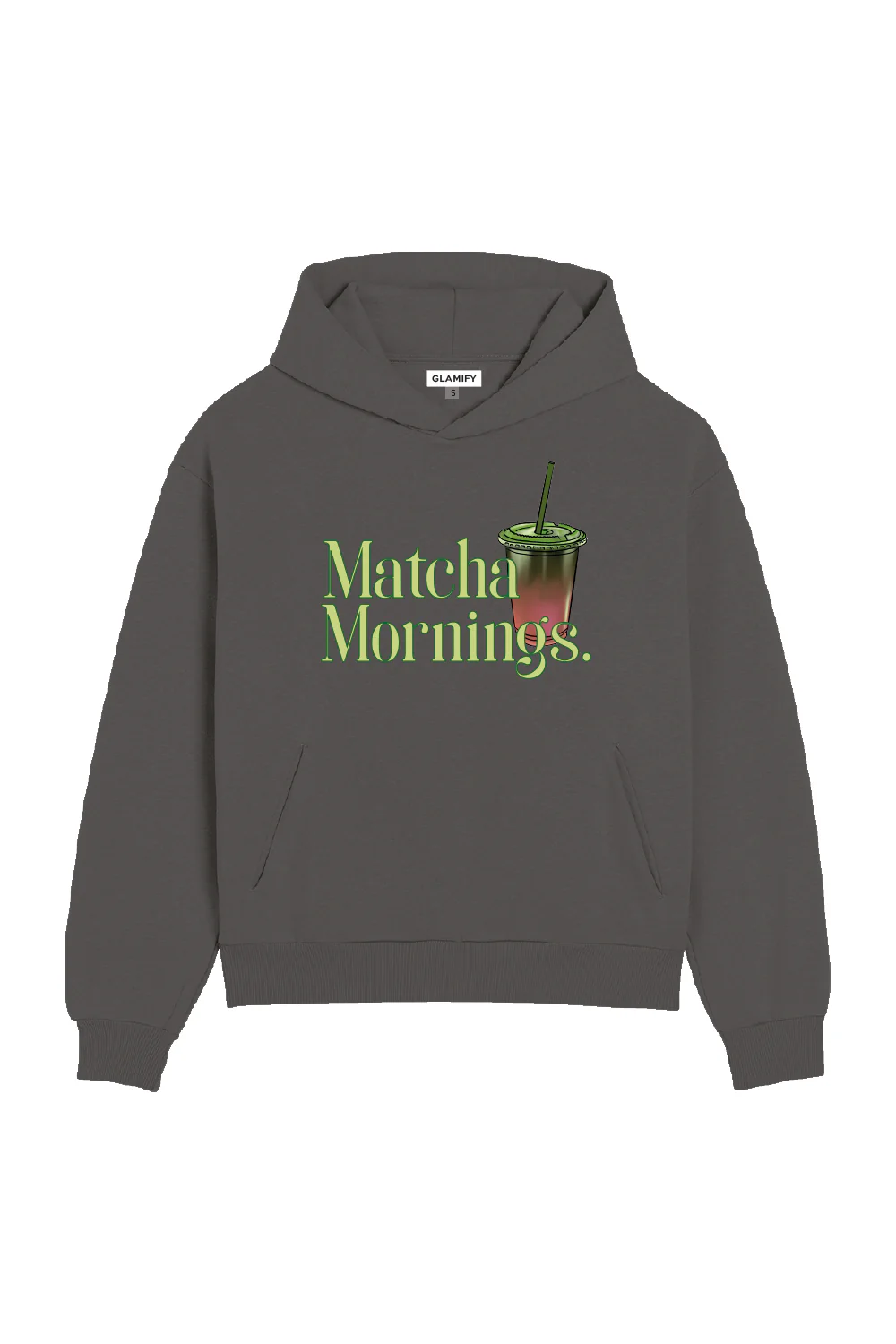 Matcha mornings steel grey printed premium relaxed hoodie - Image 2