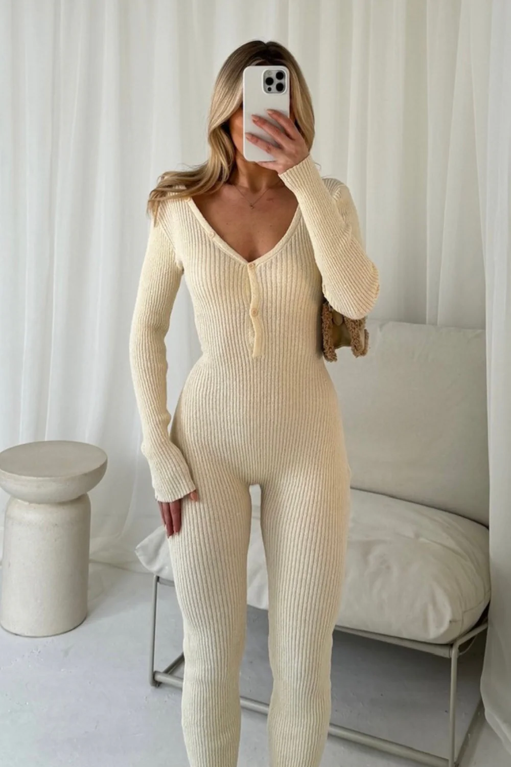 Matilda cream button rib knit catsuit