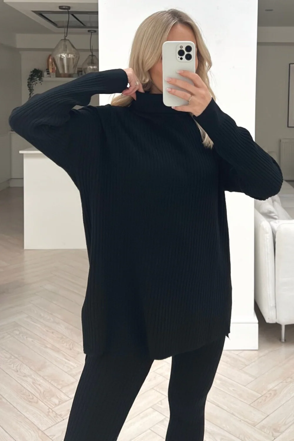 Melanie black ribbed roll neck sweater loungewear set - Image 2