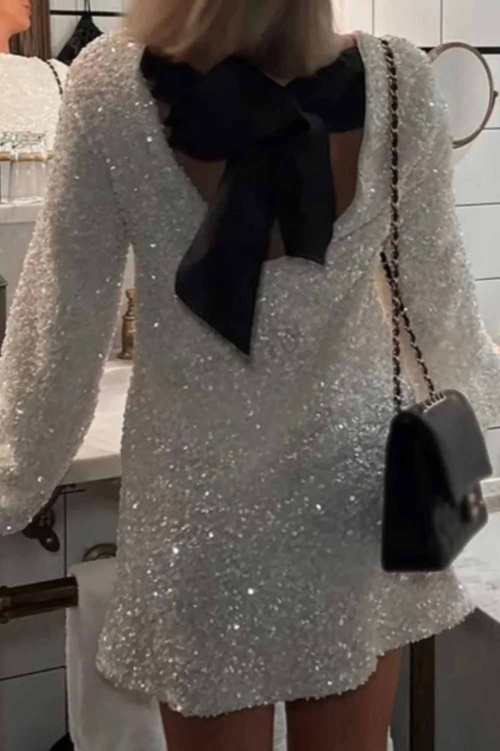 Melissa cream sequin bow shift dress - Image 3