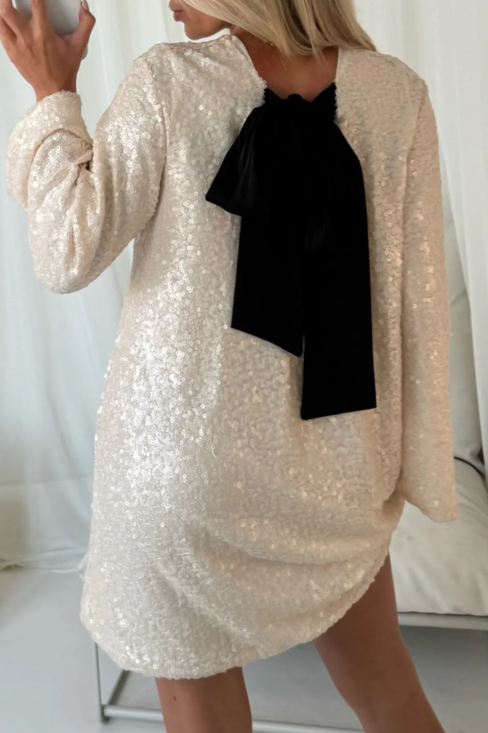 Melissa cream sequin bow shift dress - Image 4