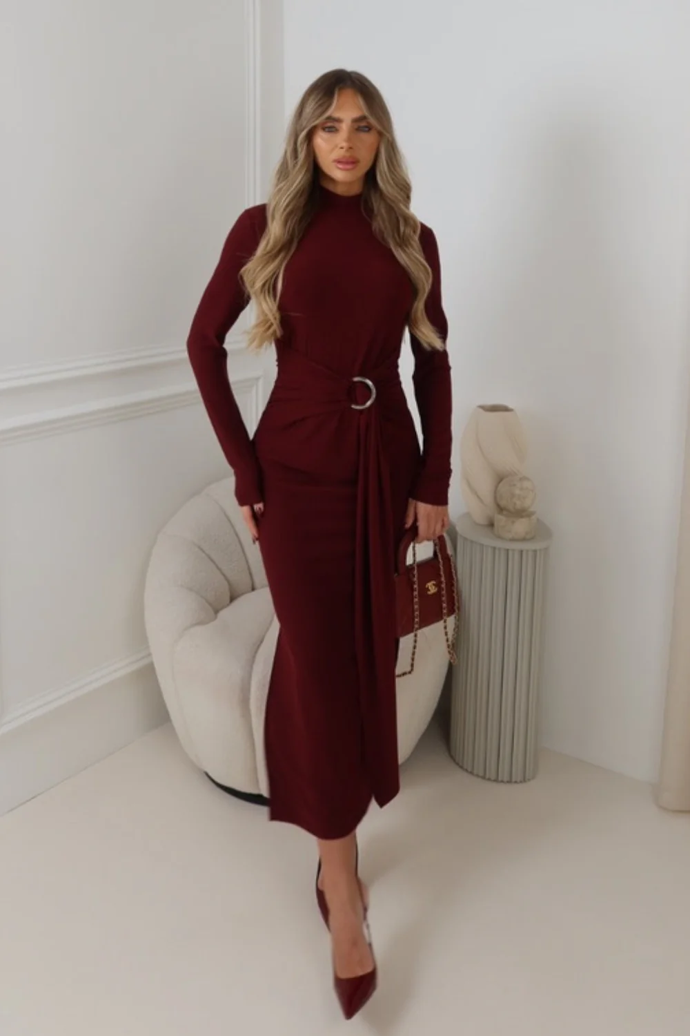 MERCY BURGUNDY LONG HIGH NECK GOLD BUCKLE DRAPE DRESS - Image 2