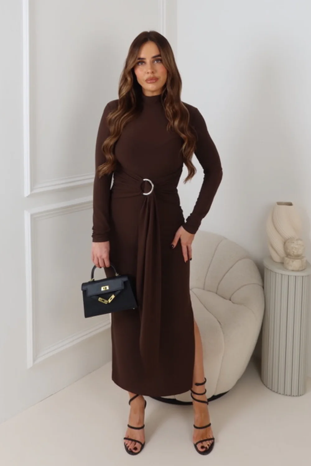 MERCY CHOCOLATE LONG HIGH NECK GOLD BUCKLE DRAPE DRESS - Image 2