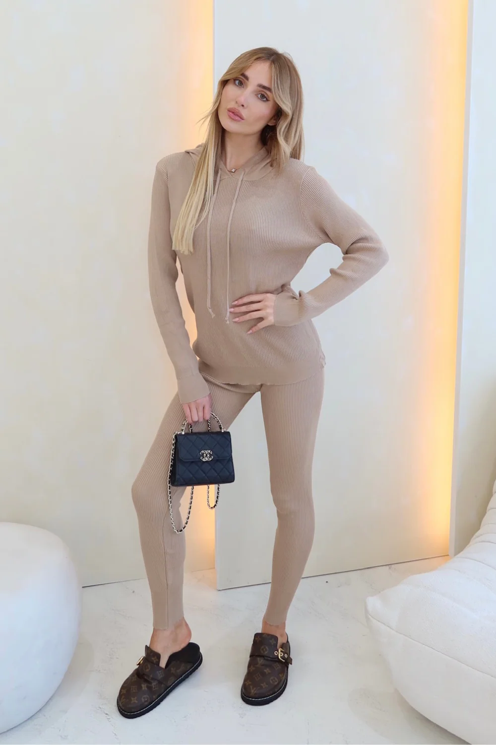 Mia beige ribbed hooded loungewear