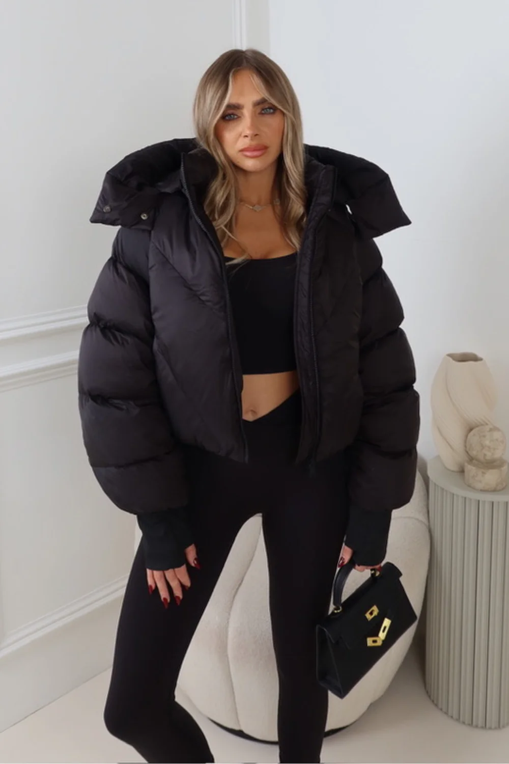 MIA BLACK CROPPED PUFFER JACKET WITH DETACHABLE HOOD - Image 4