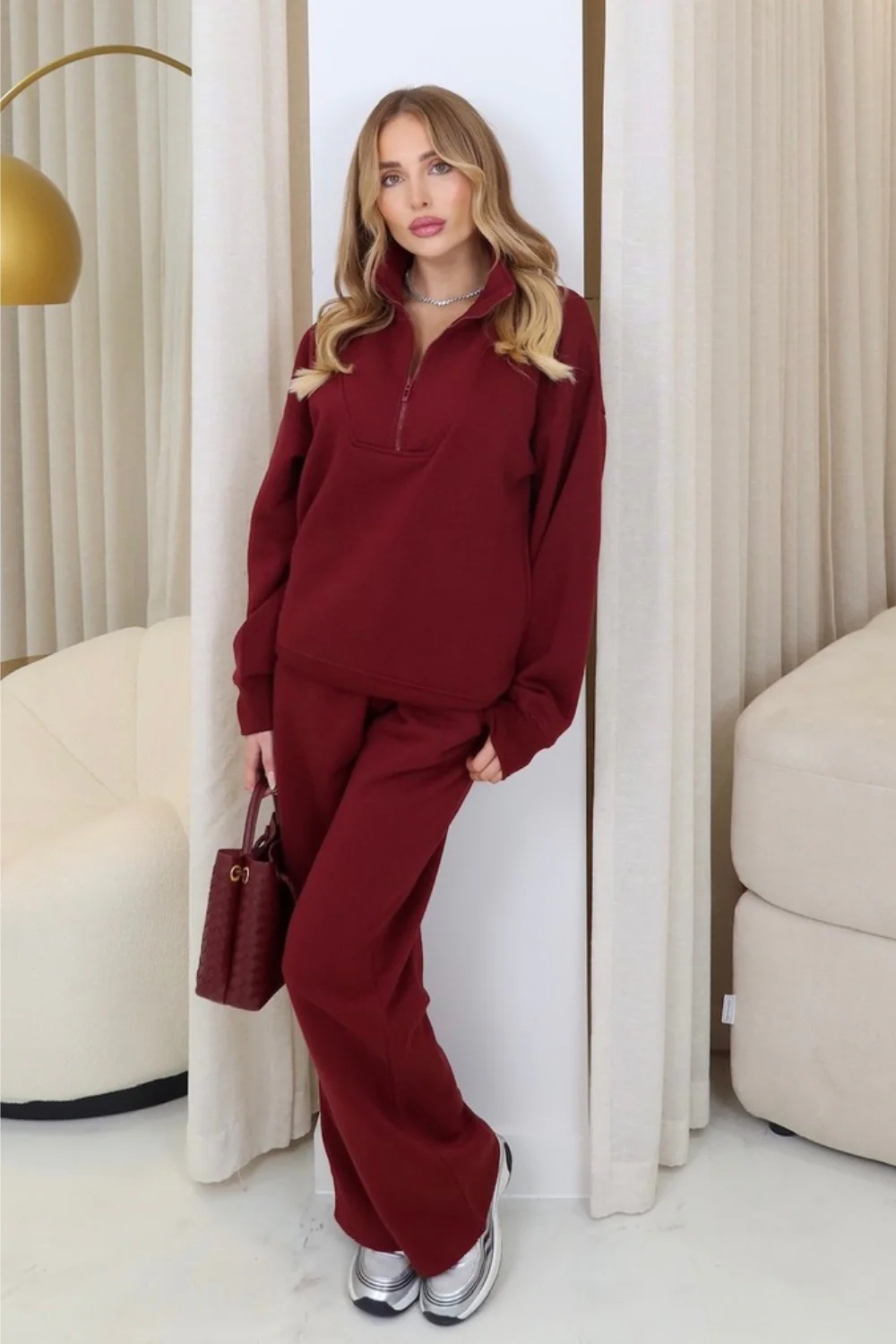 Mia burgundy 3/4 zip sweater straight leg loungewear - Image 2