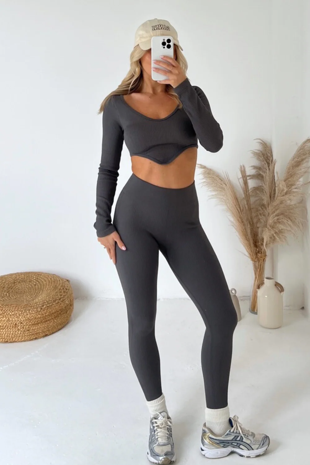 Mia charcoal grey ribbed crop leggings activewear set