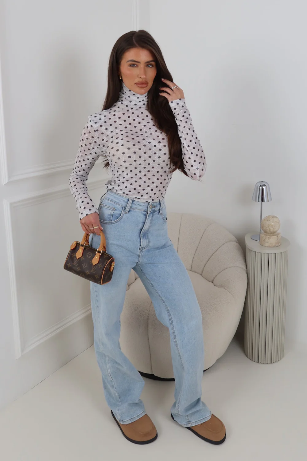 MIA GREY HIGH NECK SHOULDER PADDED LONG SLEEVE TOP - Image 2