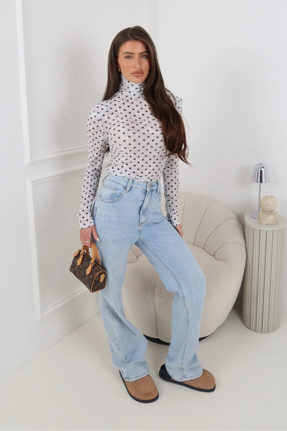 MIA GREY HIGH NECK SHOULDER PADDED LONG SLEEVE TOP - Image 3