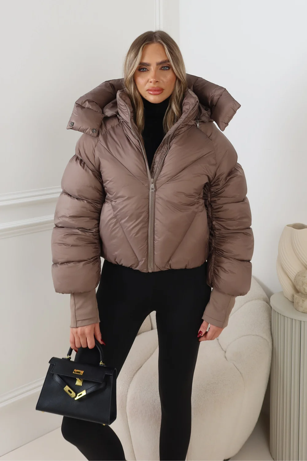 MIA TAUPE CROPPED PUFFER JACKET WITH DETACHABLE HOOD - Image 2