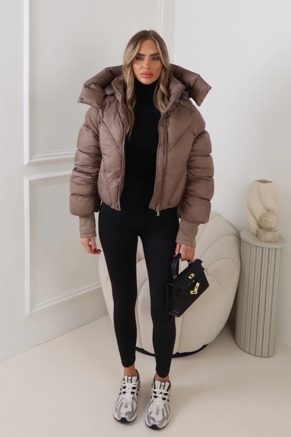 MIA TAUPE CROPPED PUFFER JACKET WITH DETACHABLE HOOD - Image 3