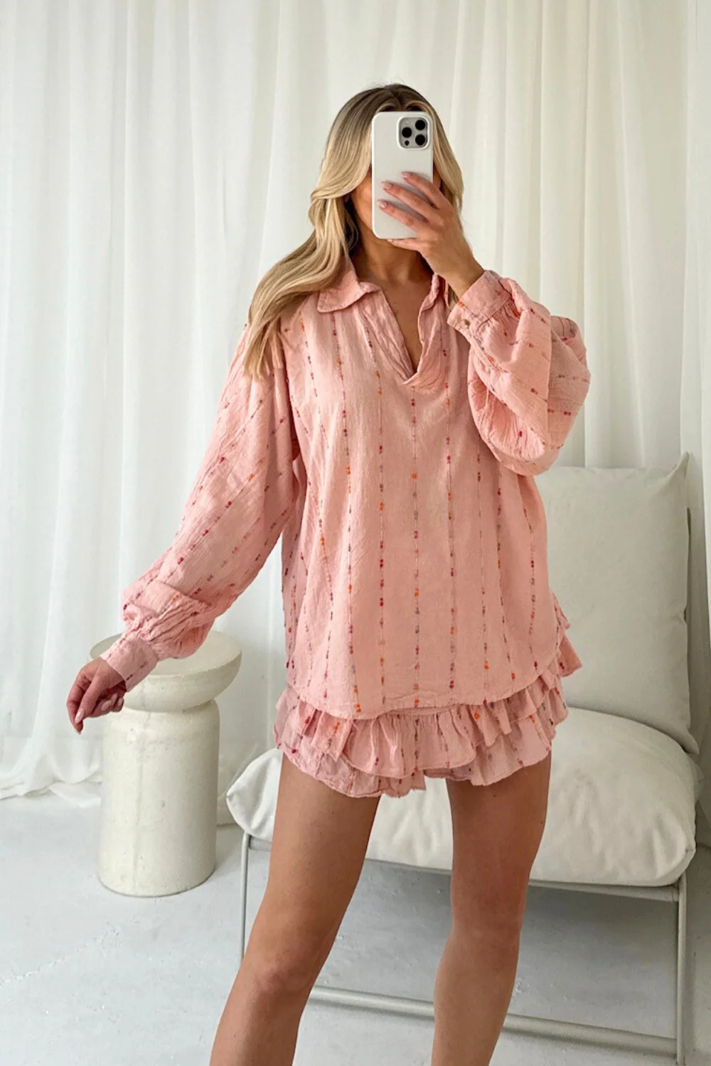 Miaa pale pink linen frill short co-ord - Image 2