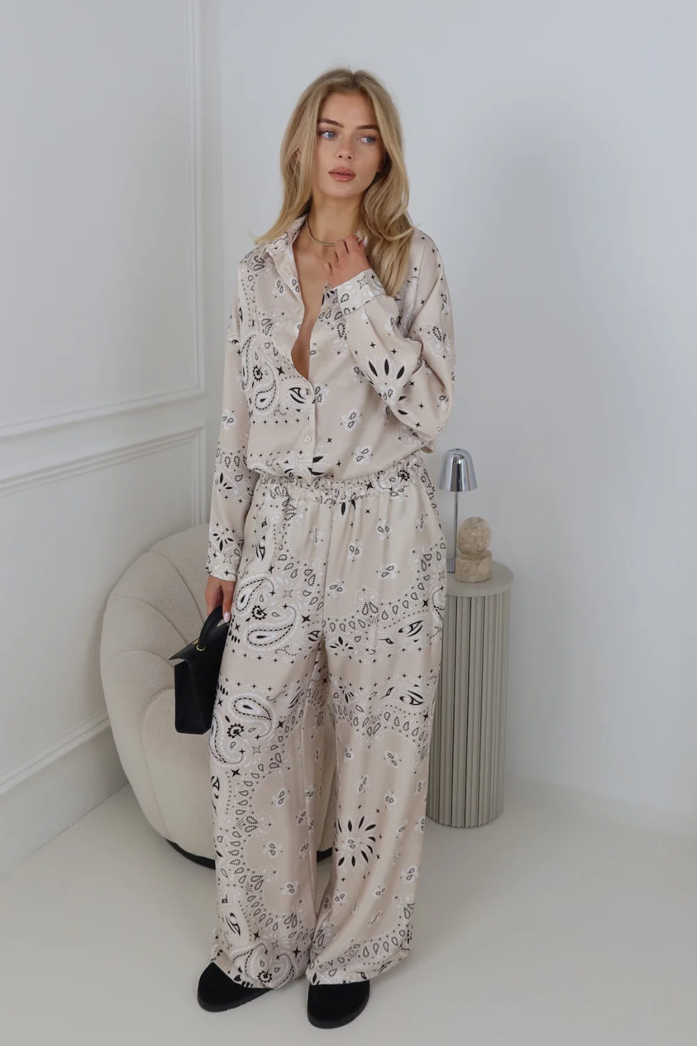 MIKA CREAM PAISLEY PATTERNED SATIN SHIRT AND PANTS CO ORD TWO PIECE SET
