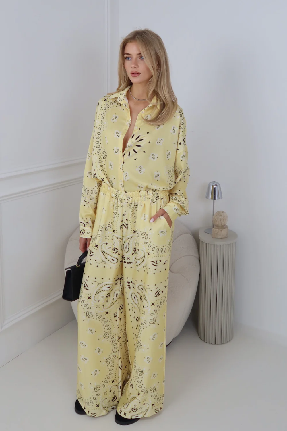 MIKA LEMON PAISLEY PATTERNED SATIN SHIRT AND PANTS CO ORD TWO PIECE SET