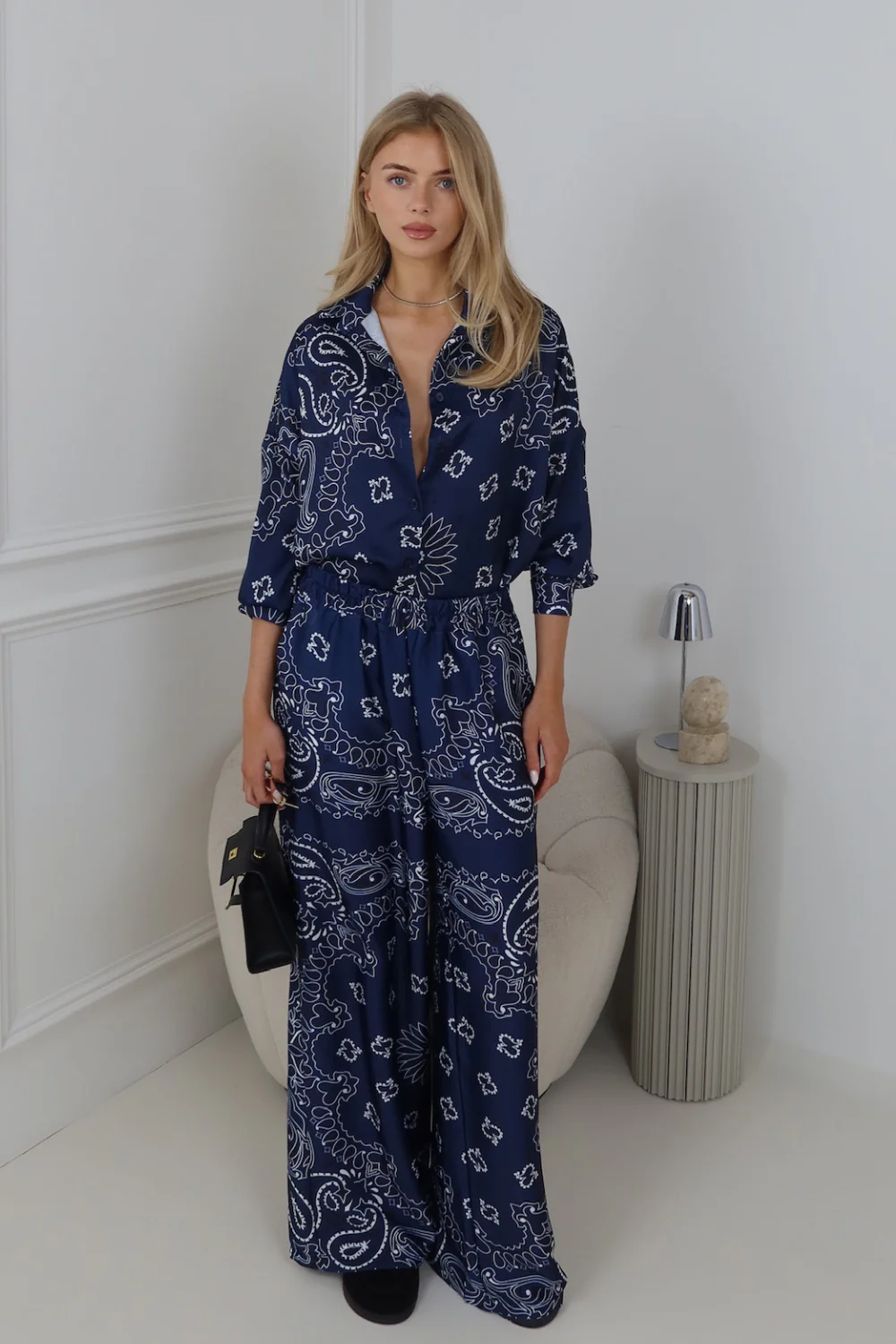 MIKA NAVY PAISLEY PATTERNED SATIN SHIRT AND PANTS CO ORD TWO PIECE SET