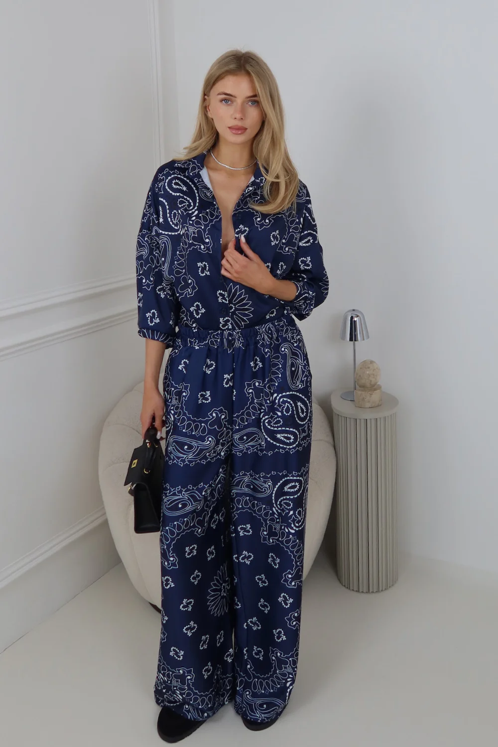 MIKA NAVY PAISLEY PATTERNED SATIN SHIRT AND PANTS CO ORD TWO PIECE SET - Image 2