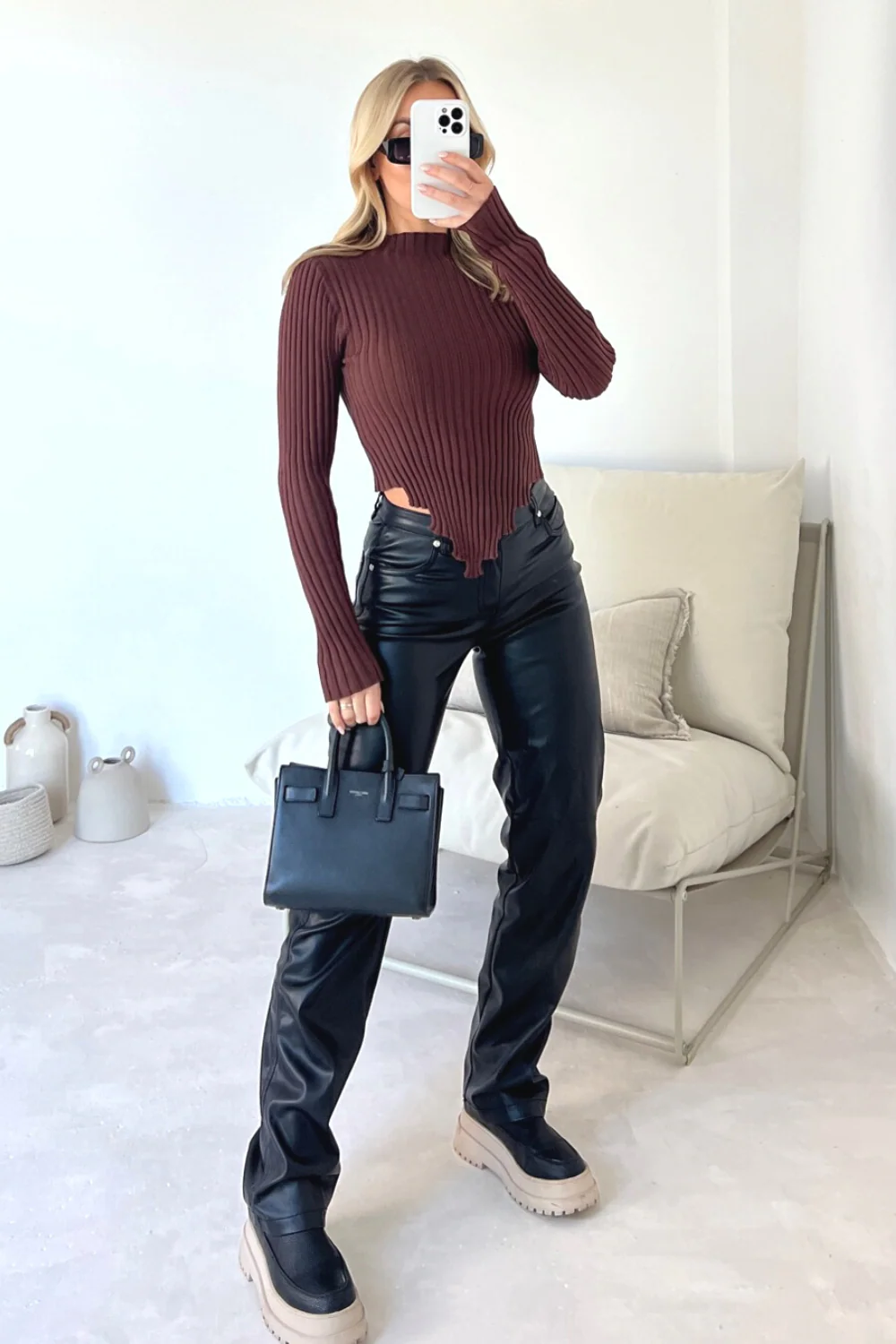Mila chocolate brown rib knit long sleeve crop top - Image 2