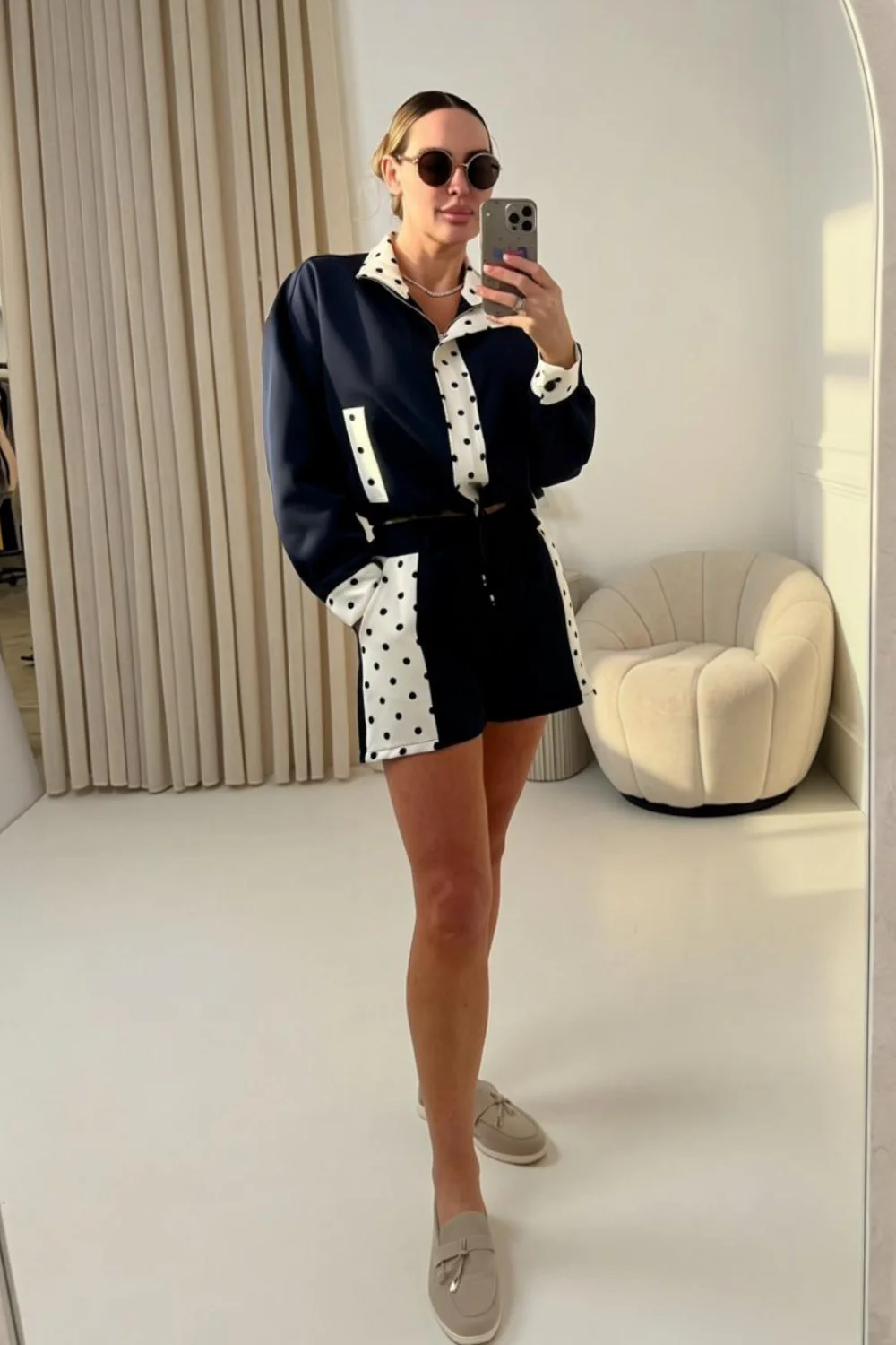 MILA NAVY POLKA DOT TRIM JACKET AND SHORTS CO ORD TWO PIECE SET