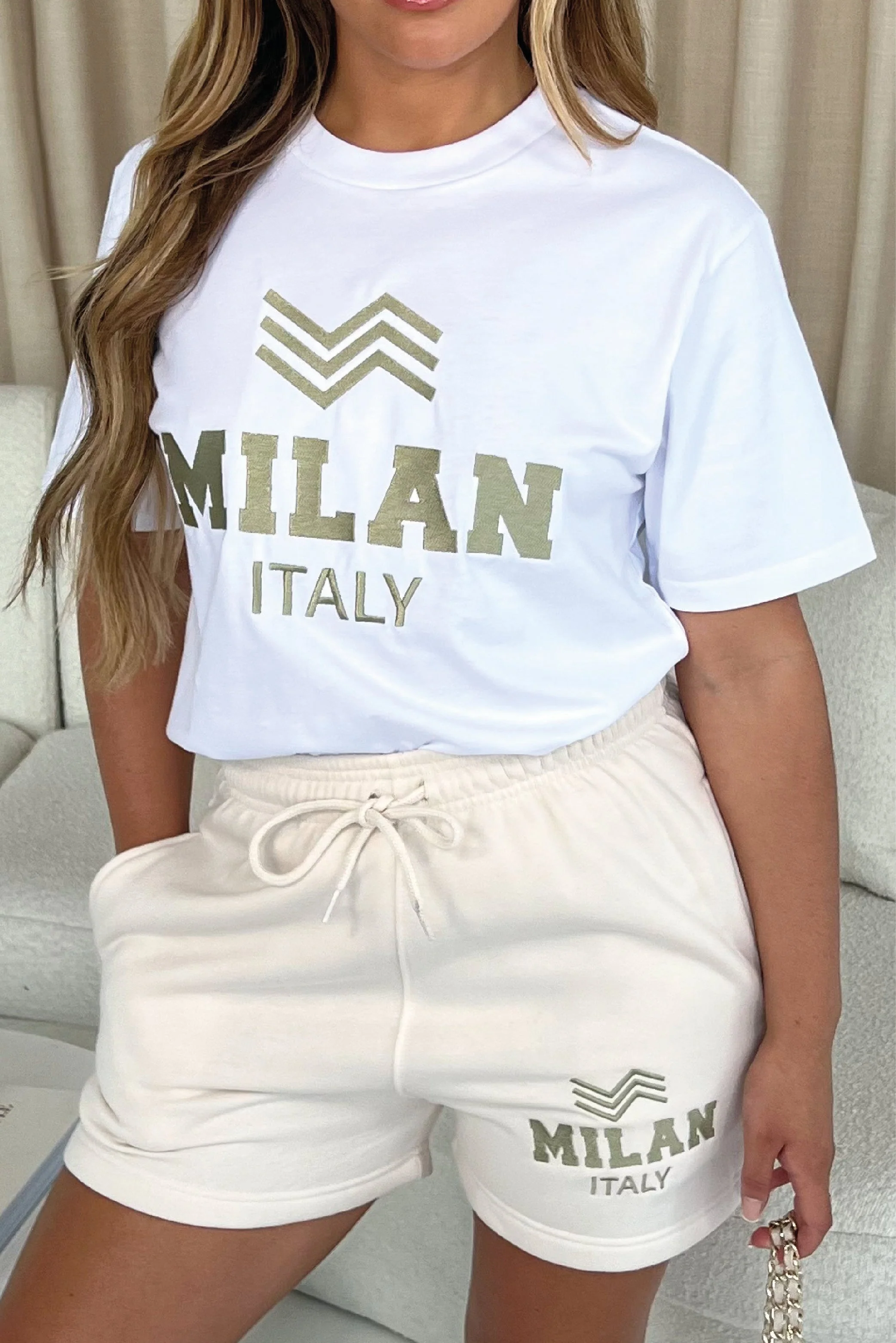 Milan Italy white Embroidered T-shirt And Ecru Short Co-ord - Image 2