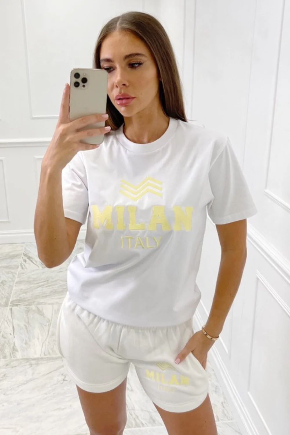 Milan italy yellow & cream embroidered tee short co ord