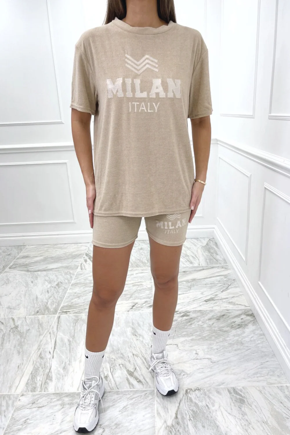 Milan stone oversized embroidered towelling short loungewear set - Image 2