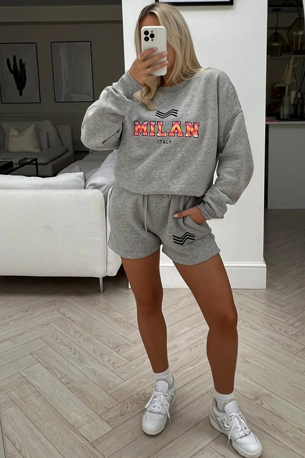 milan zigzag grey embroidered sweater short loungewear set - Image 2