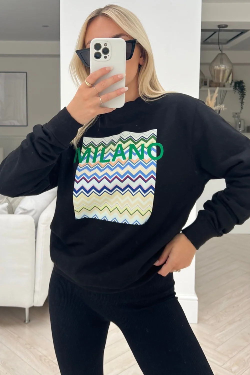 milano black round neck print embroidered sweater