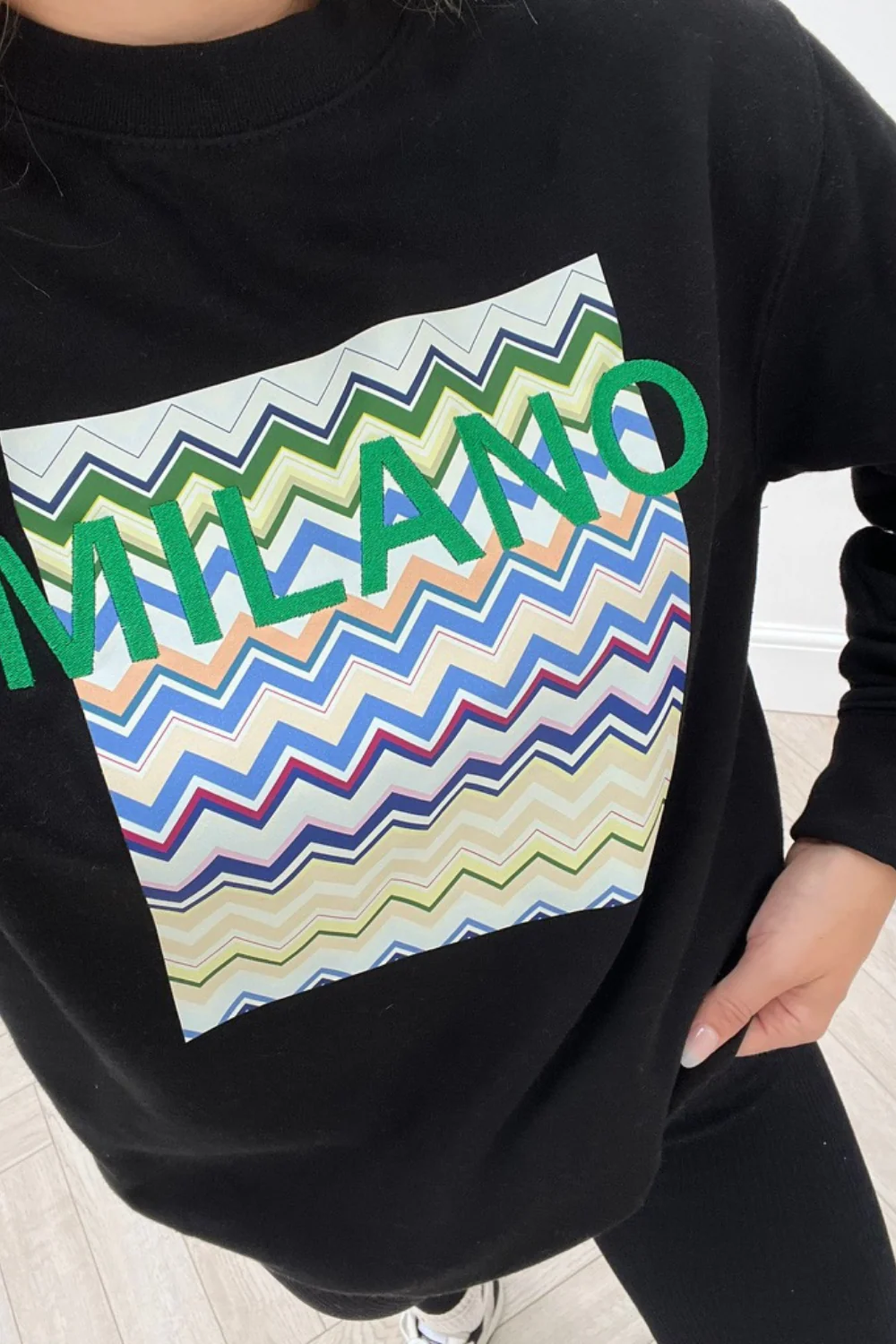 milano black round neck print embroidered sweater - Image 2
