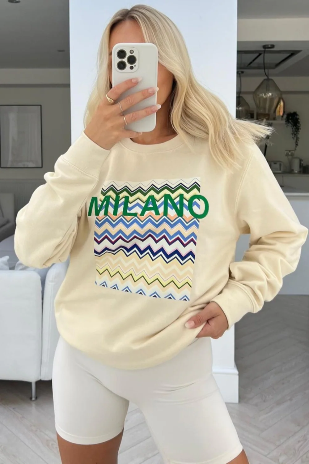 milano ecru round neck print embroidered sweater