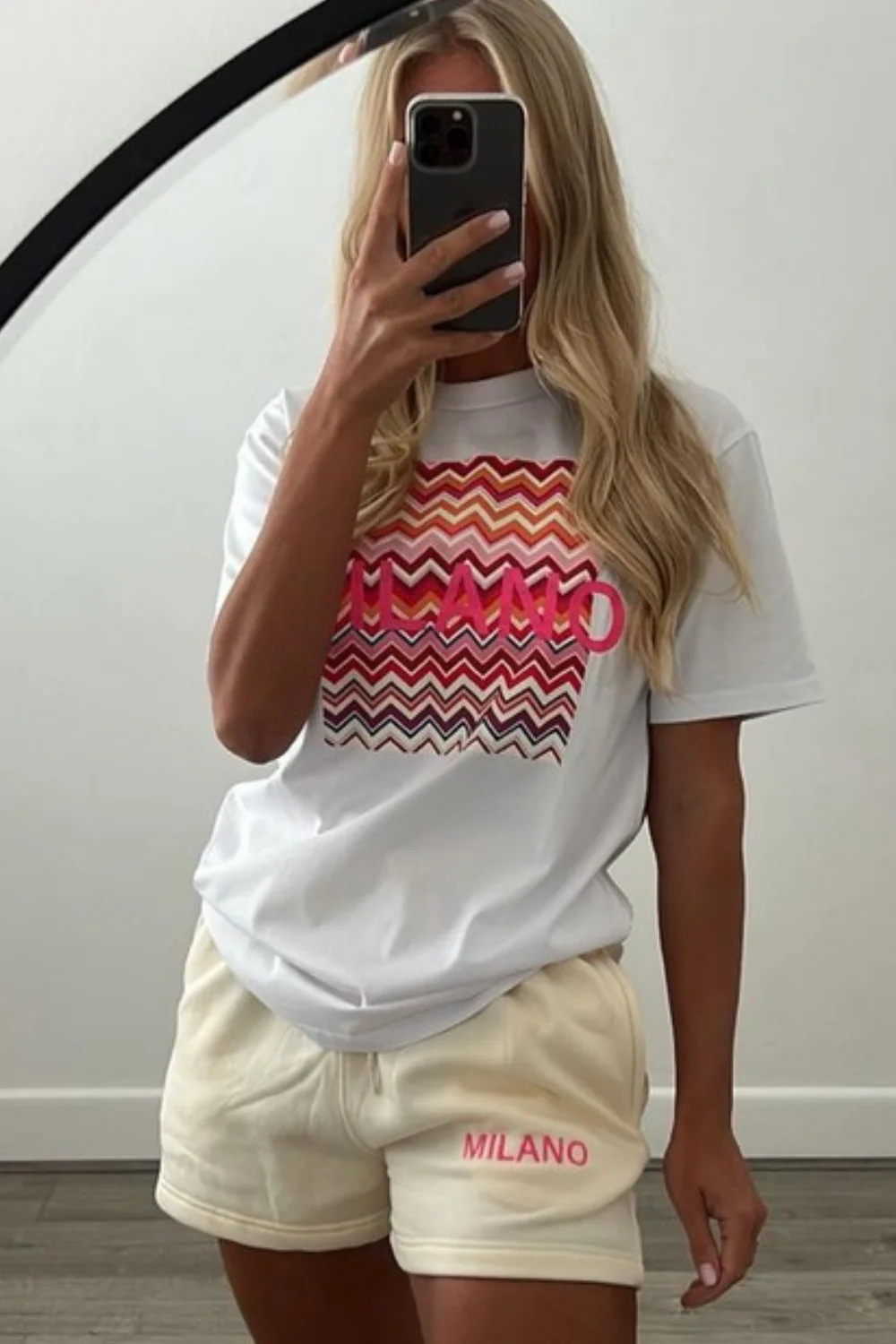Milano fuchsia & white zigzag Print & embroidered Tee Short Co ord