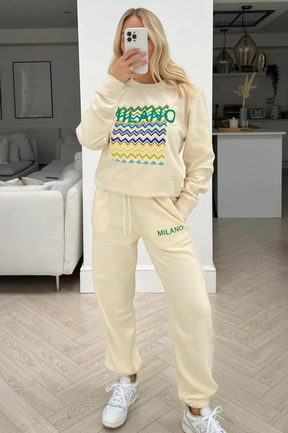 Milano zigzag ecru print embroidered sweater jogger loungewear set