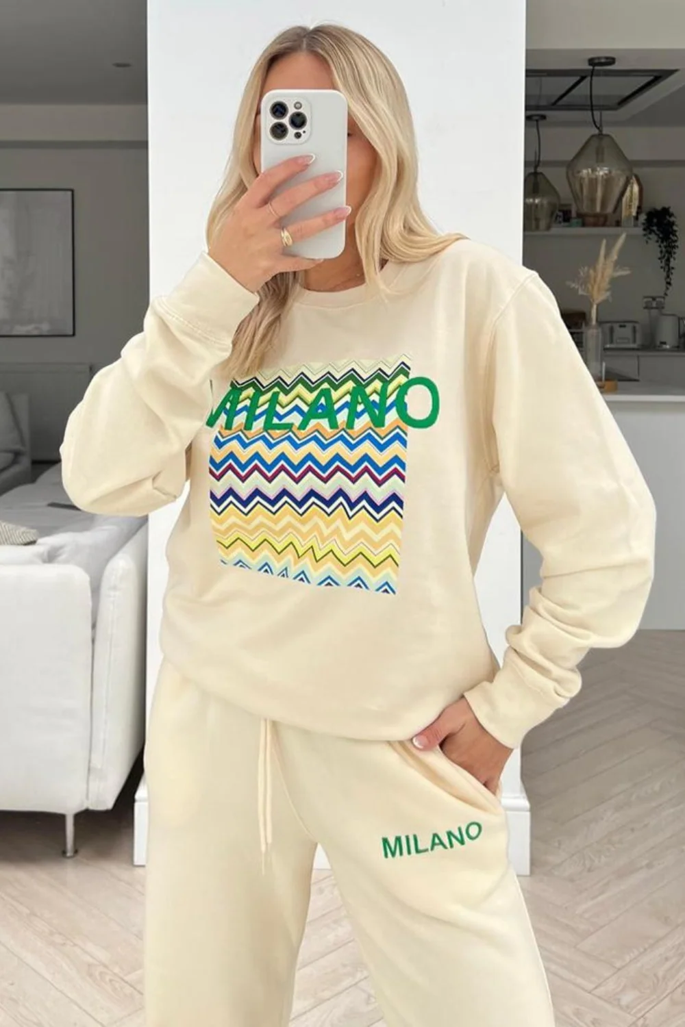 Milano zigzag ecru print embroidered sweater jogger loungewear set - Image 2