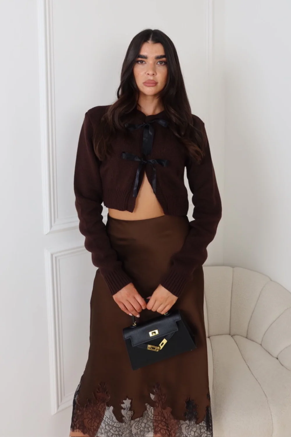 MILDA CHOCOLATE KNITTED SILK FASTENED CARDIGAN