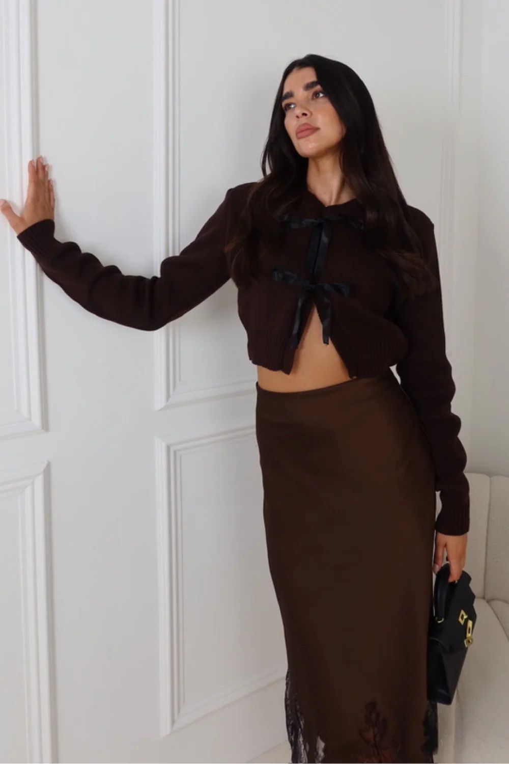 MILDA CHOCOLATE KNITTED SILK FASTENED CARDIGAN - Image 2