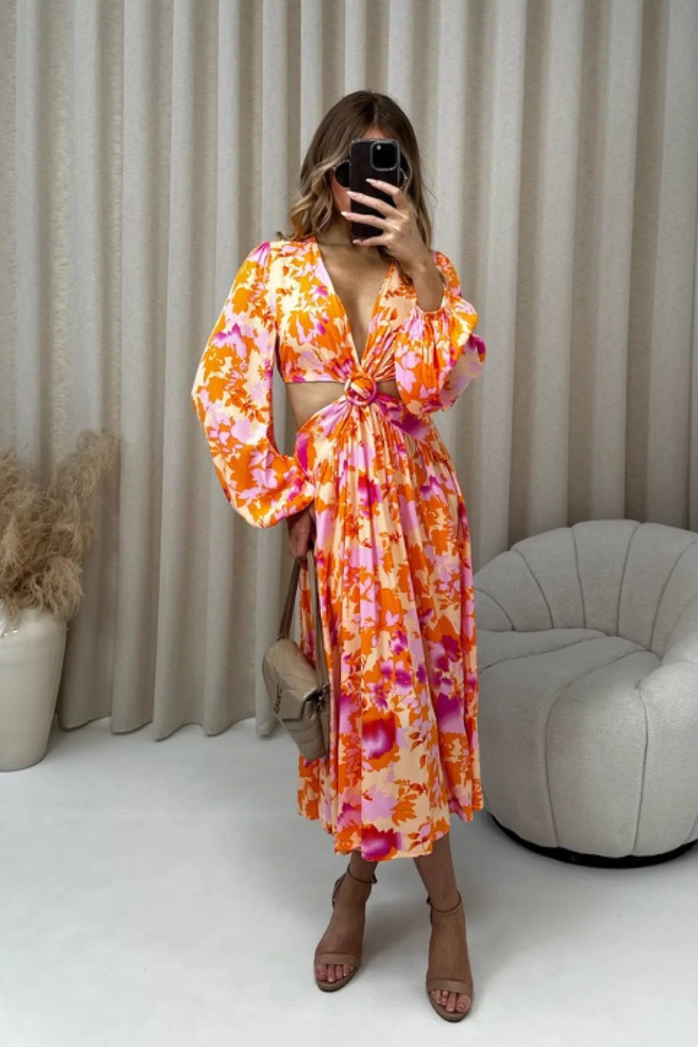 Miley orange and pink floral cut out midi dress - Image 3