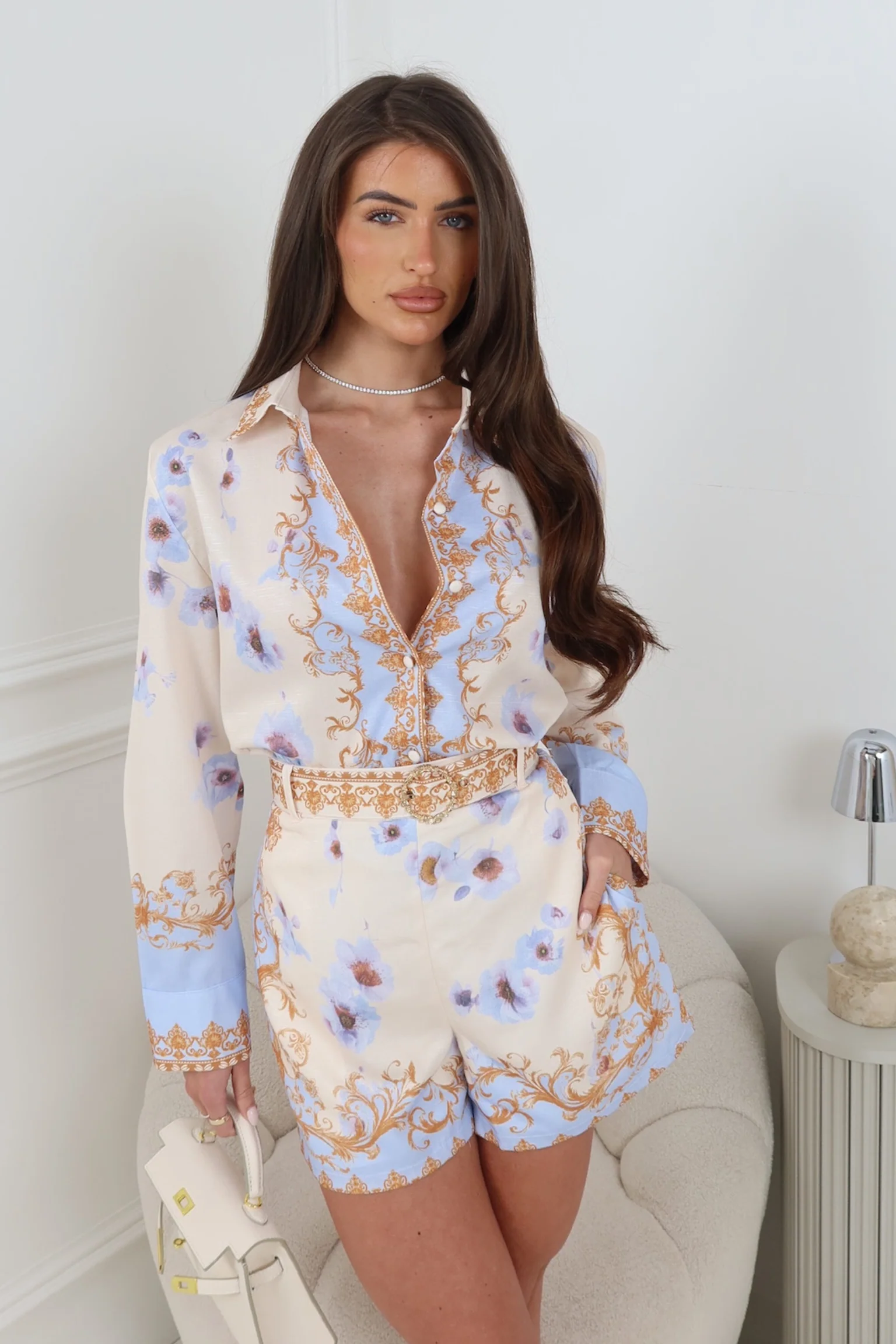 MILLIE IVORY BLUE FLORAL SHIRT & BELTED SHORTS SET