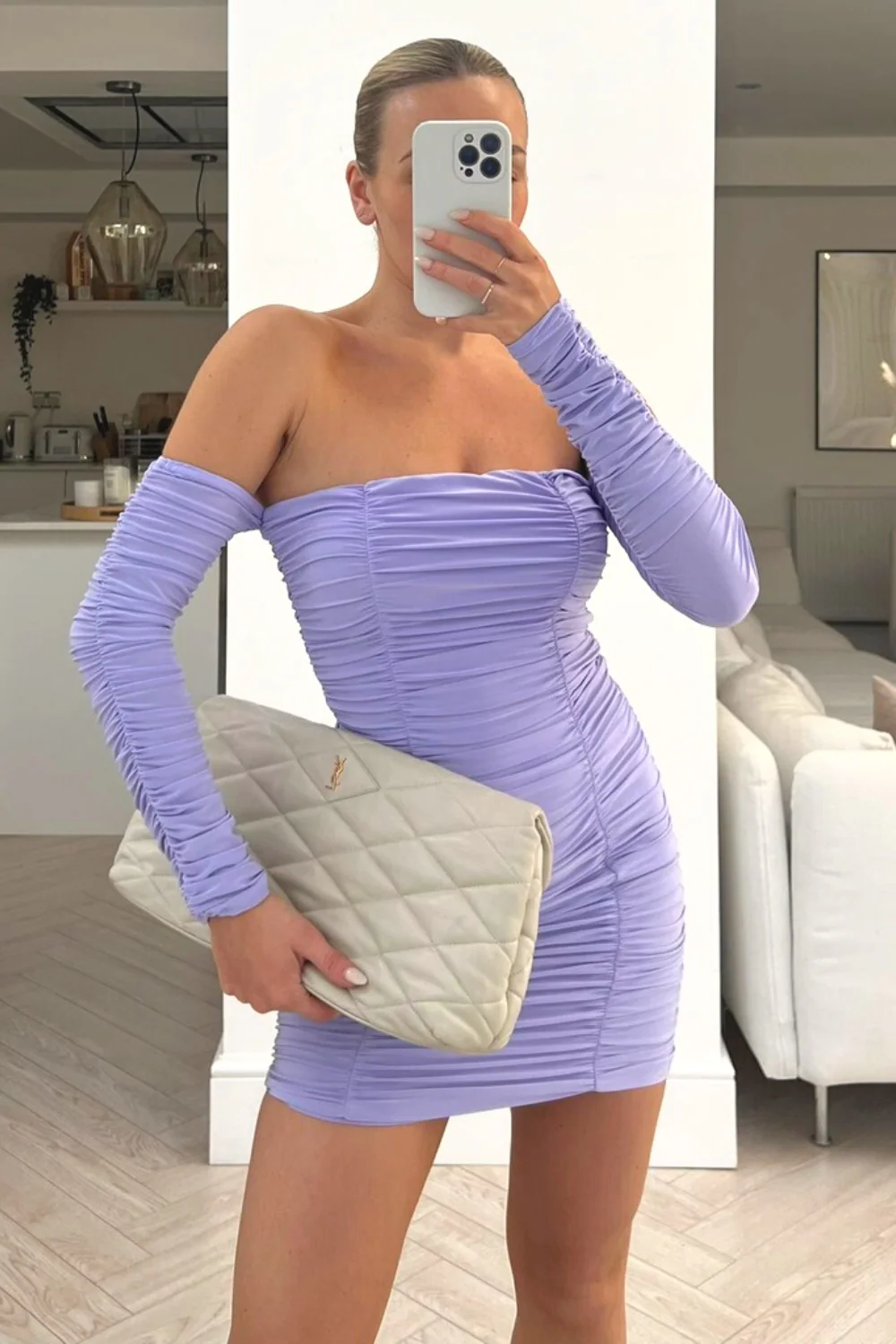 Mimi lilac ruched off shoulder sleeve mini dress - Image 2